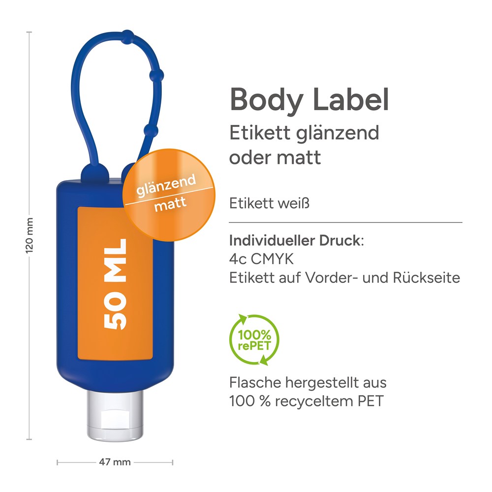 Sonnenmilch LSF 50 (sens.), 50 ml Bumper (blau), Body Label (R-PET)